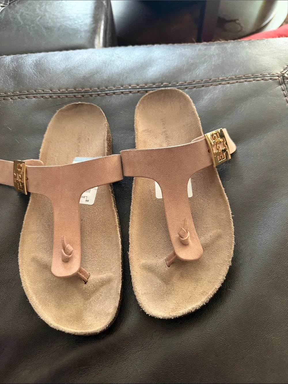 Tory Burch Dusty Pink Suede Toe-Post Sandals with Gold Logo Buckle